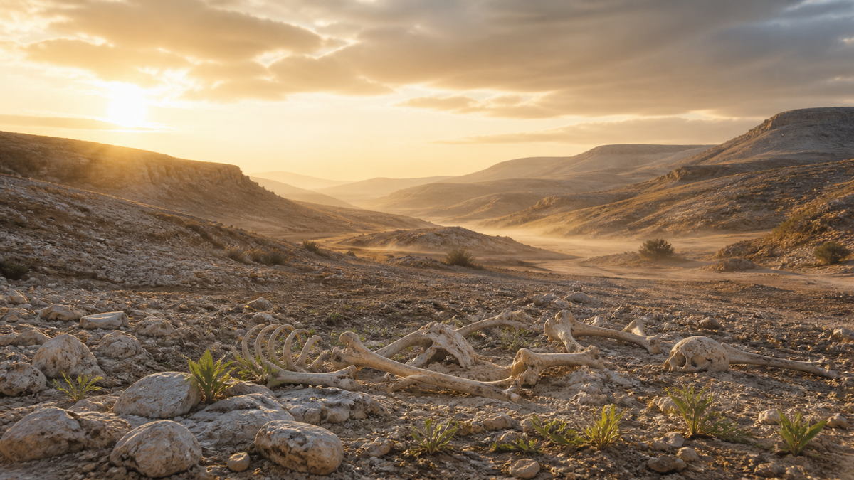 Dry bones and new green shoots in an ancient desert valley at dawn