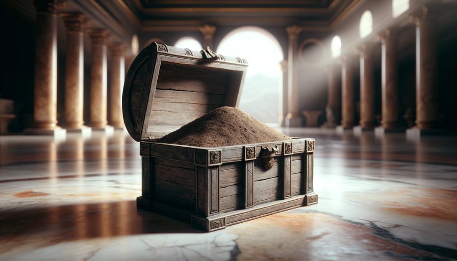 A heavy travel chest filled with dirt on the marble floor of a Roman palace